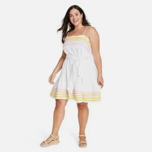 NWOT Lisa Marie Fernandez Ric Rac Spaghetti Strap Dress White Pink Yellow, Large